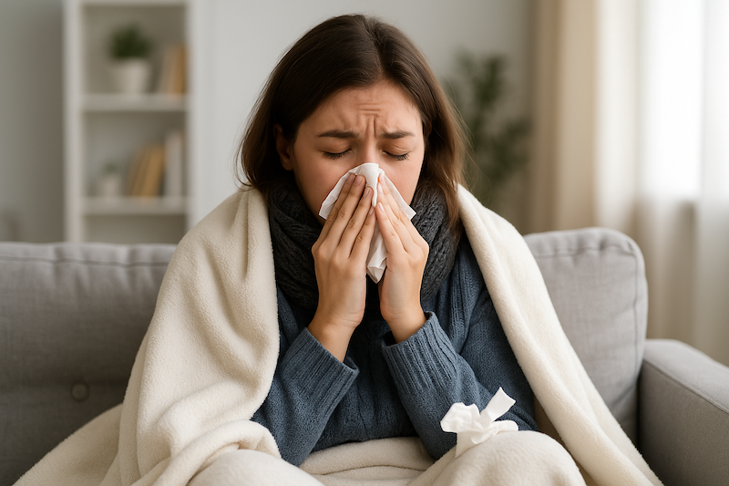 Woman at home with a cold, using a tissue and wrapped in a scarf and blanket, representing cold, flu, and sinus infection symptoms